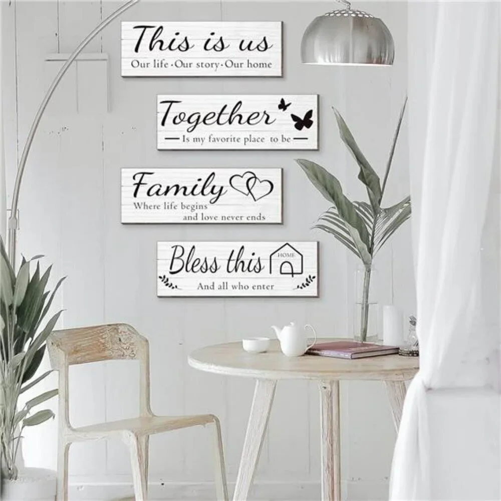 4 Pieces Wooden Home Wall Art Decor Rustic Farmhouse Decor Signs For Living Room